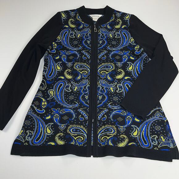Misook Paisley Knit Zip Up Hip Length Cardigan Sweater Black Blue Yellow Size S - Picture 14 of 14